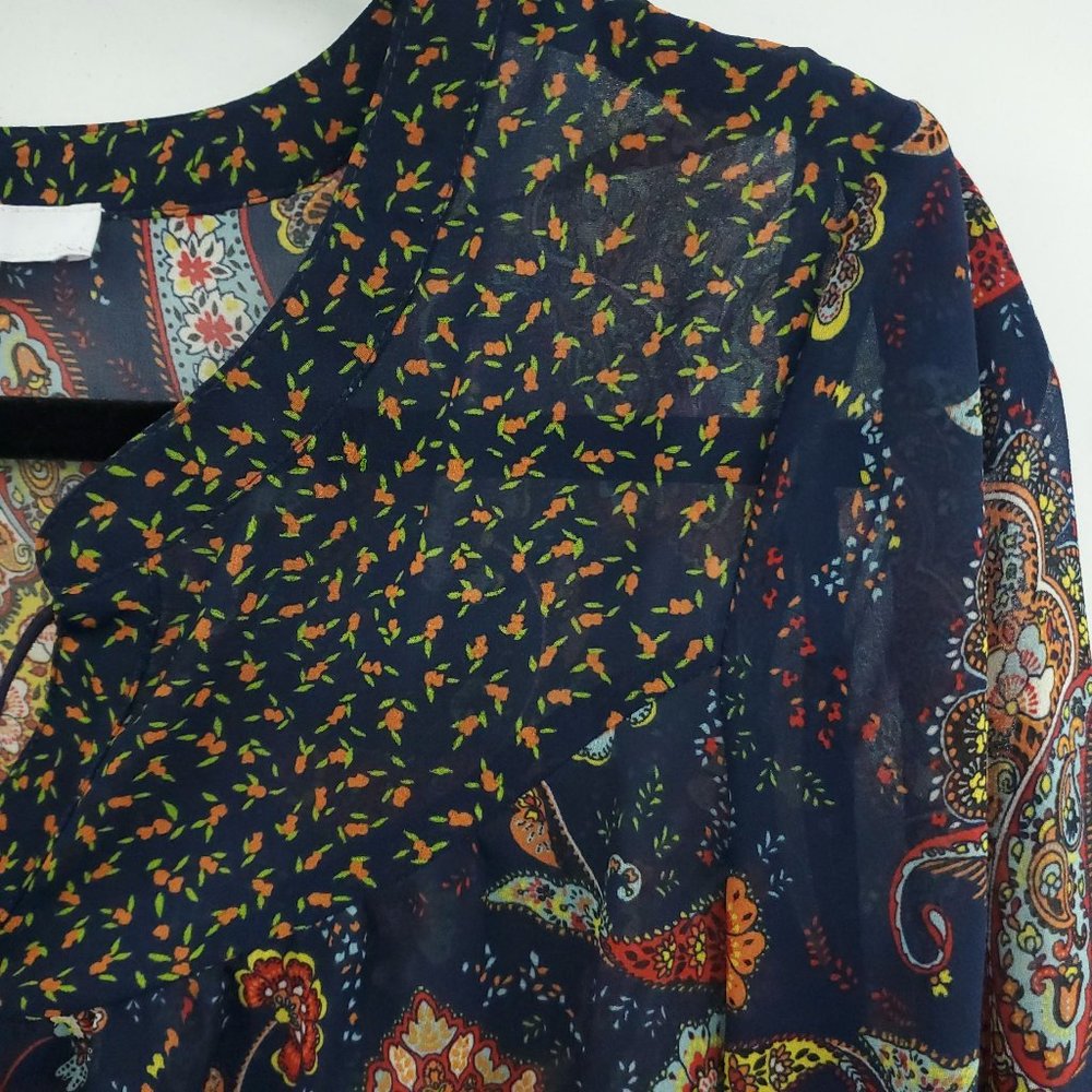 DR2 Vivid Tassel V Neck Paisley Long Sleeve Blouse - Picture 5 of 12